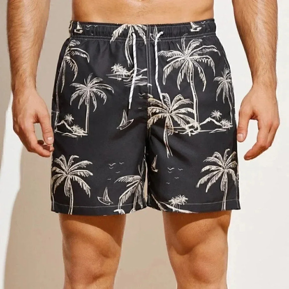 Black Vacation Style Men's Coconut Tree Print Swim Trunks - Picture 4 of 5